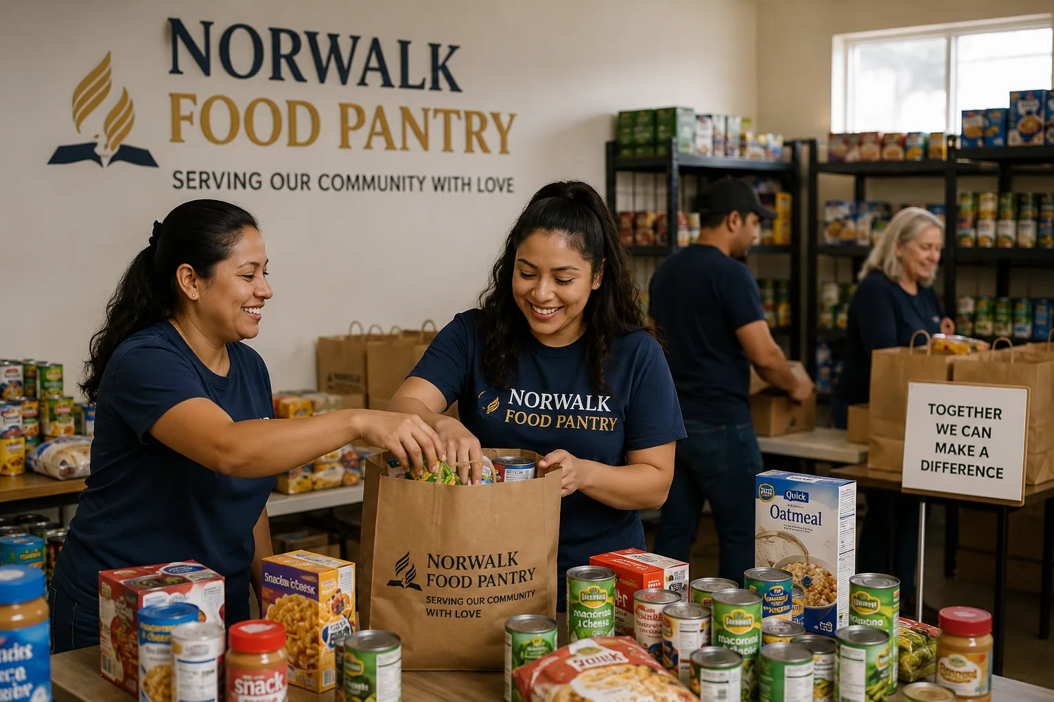 Norwalk Food Pantry volunteers packing grocery bags for the community