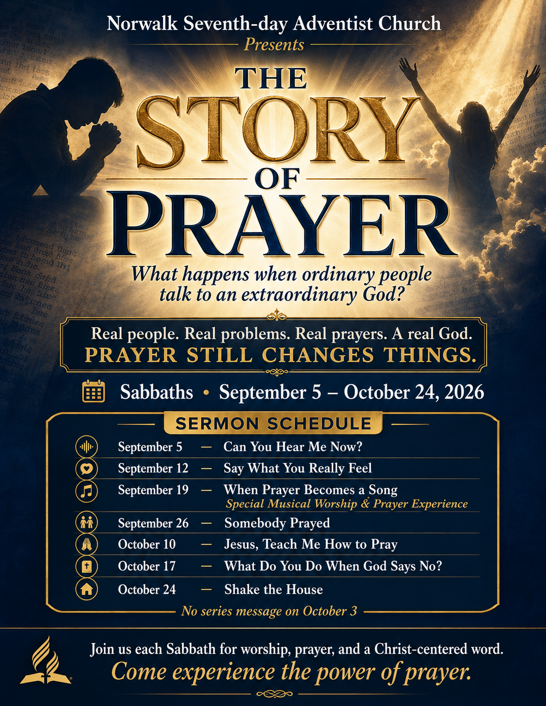 The Story of Prayer sermon series flyer — What happens when ordinary people talk to an extraordinary God?