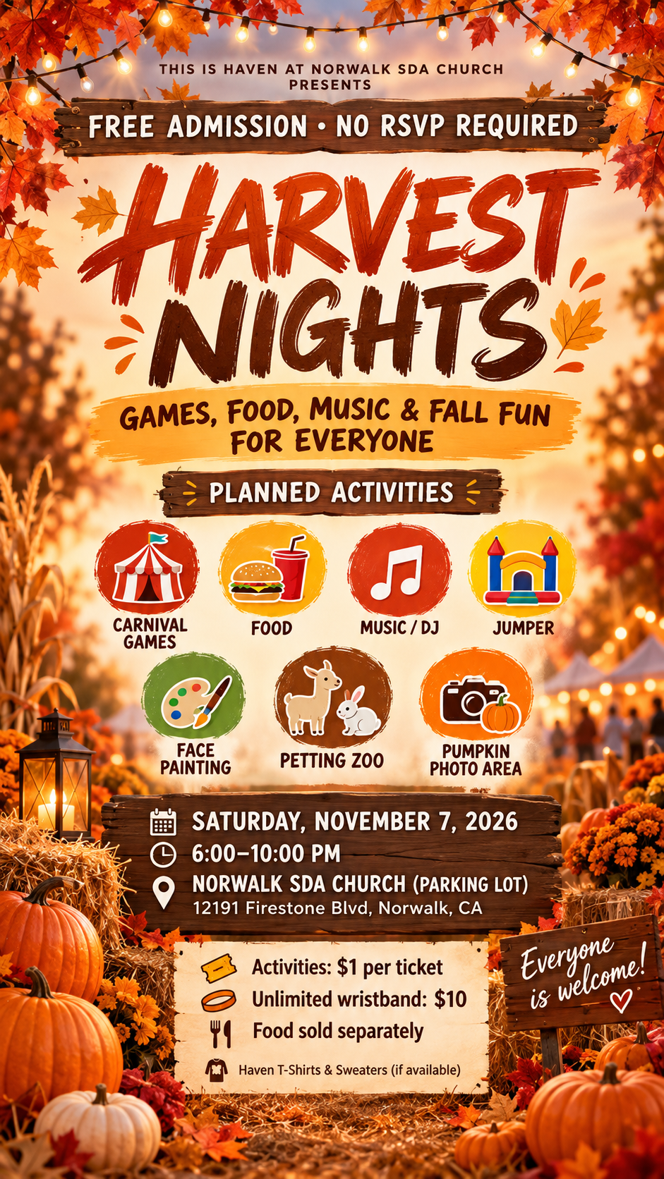 Harvest Nights flyer — games, food, music and fall fun for everyone at Norwalk SDA Church