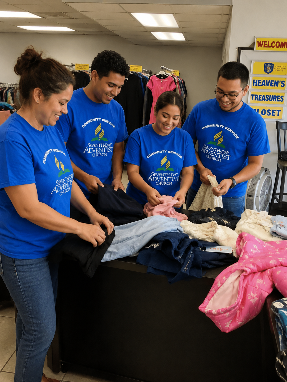 Heaven's Treasures Closet volunteers sorting donated clothing at Norwalk SDA Church