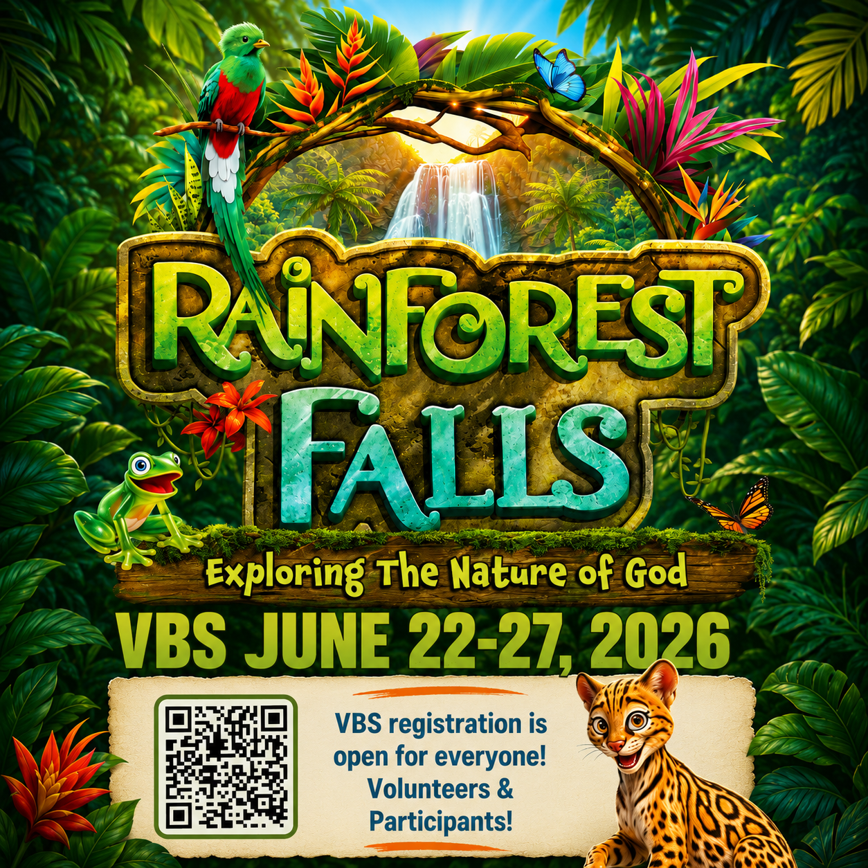VBS Rainforest Falls flyer — Exploring the Nature of God