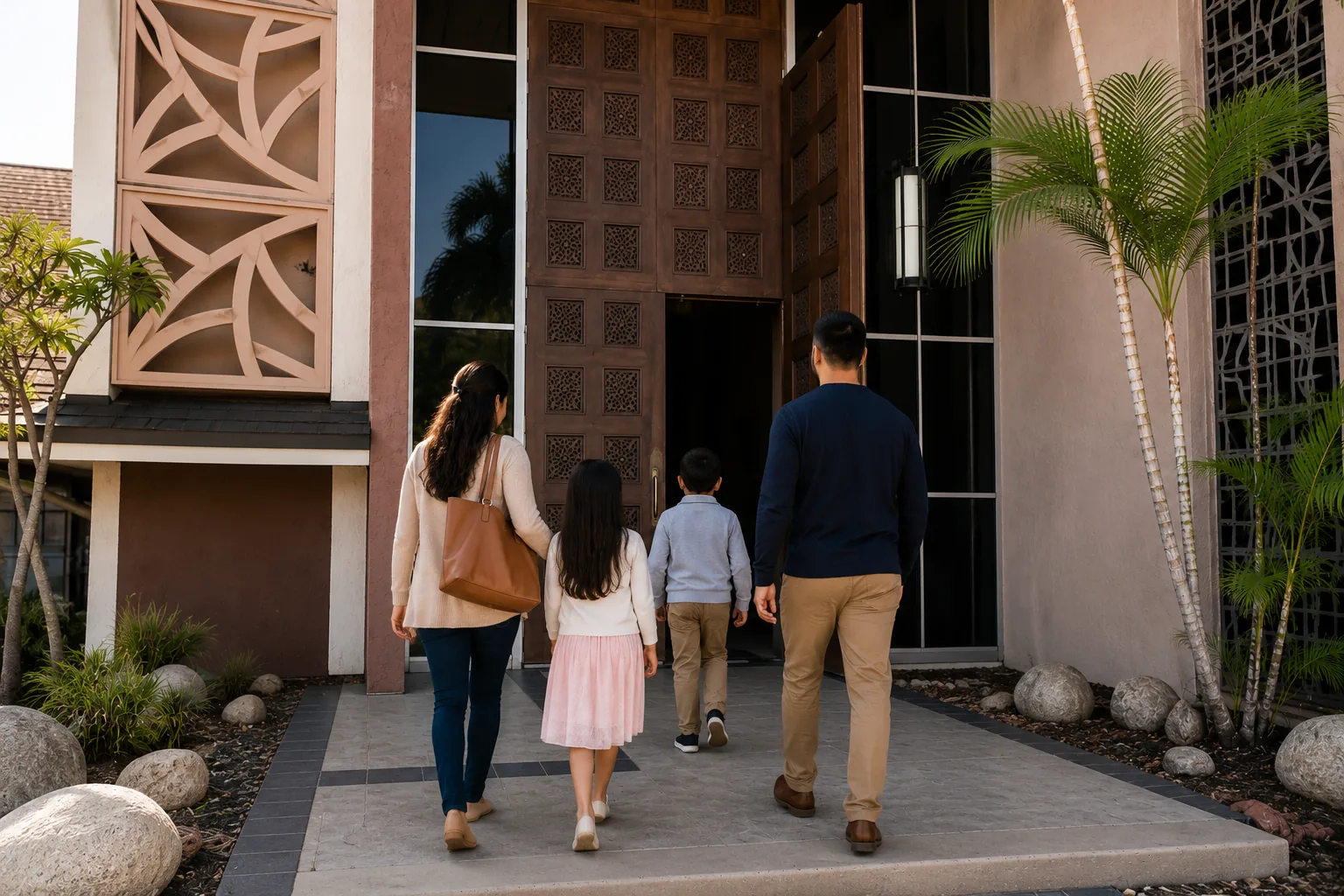 Family walking into church together
