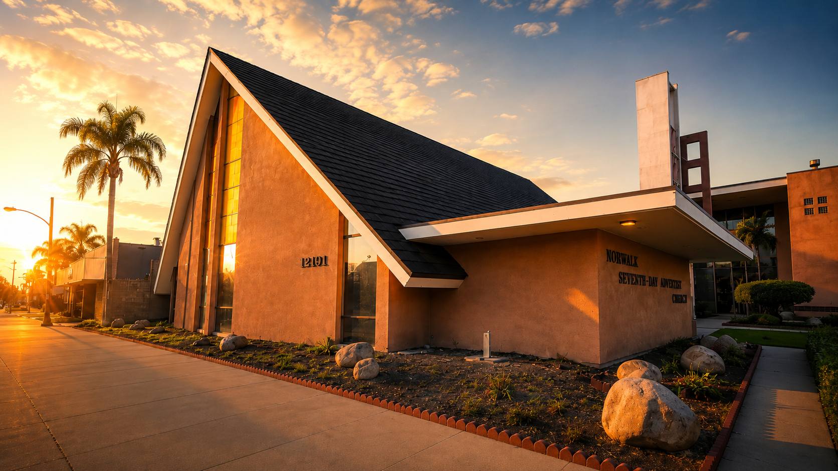 Norwalk Seventh-day Adventist Church building at sunset