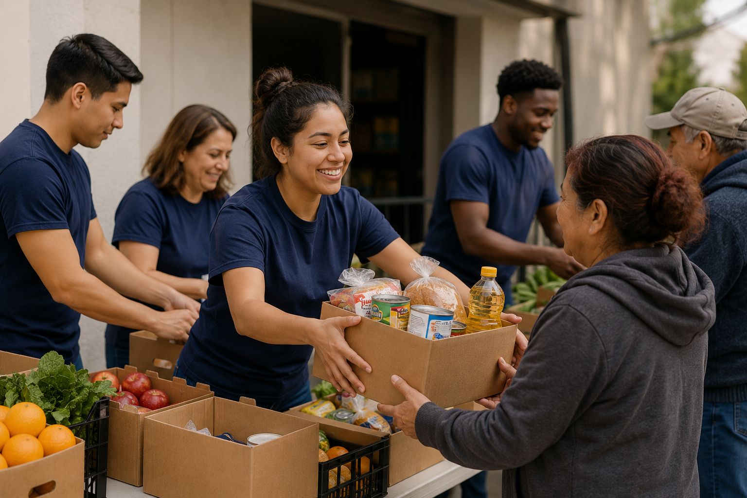 Volunteers handing fresh produce to families