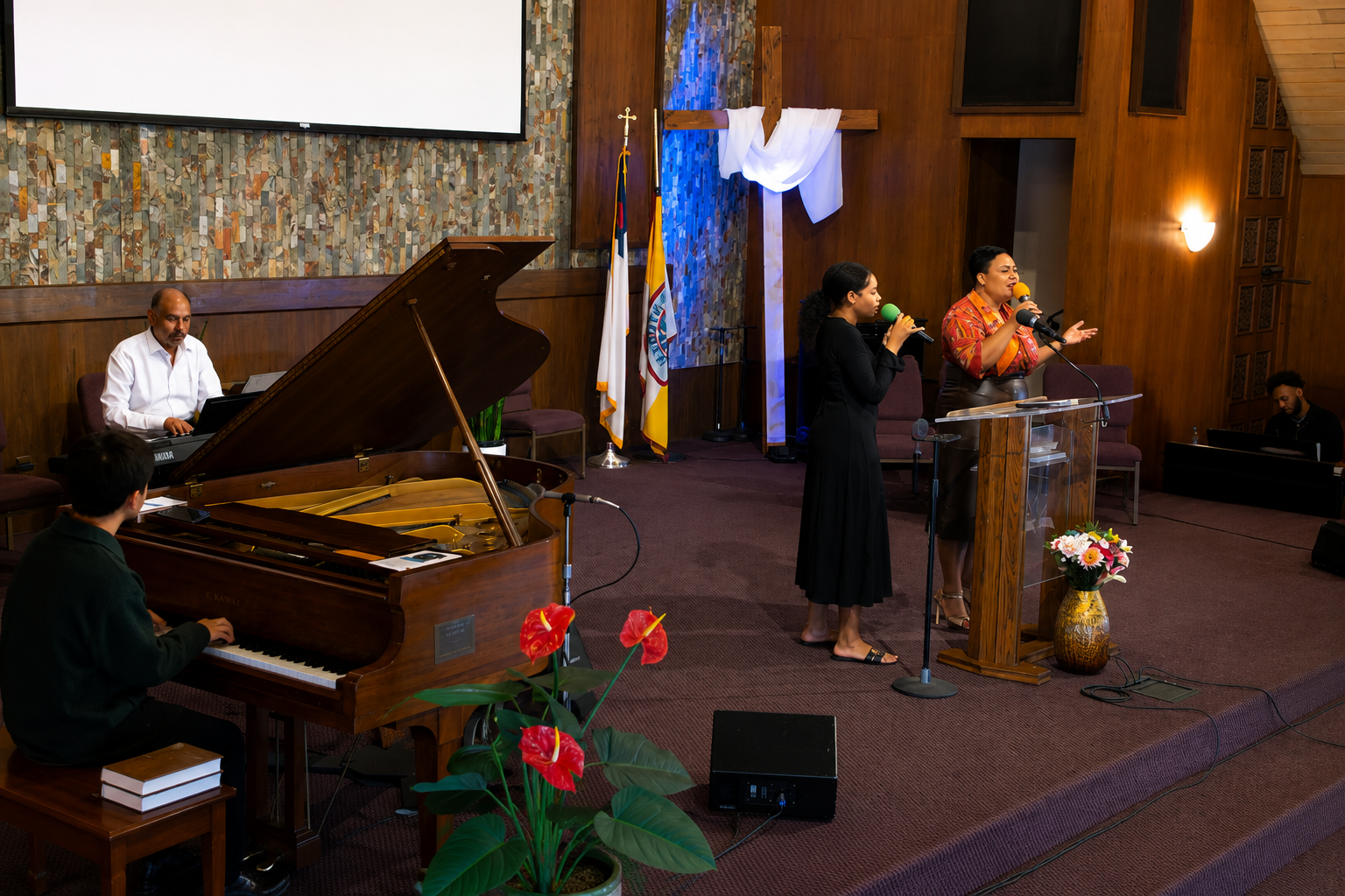 Church worship service with piano and singing