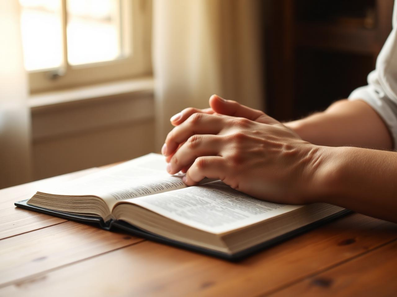 Hands folded in prayer over an open Bible